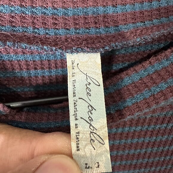 Free People Shirt Womens Large Purple Blue Striped Thermal Long Sleeve Stretch - Picture 5 of 7